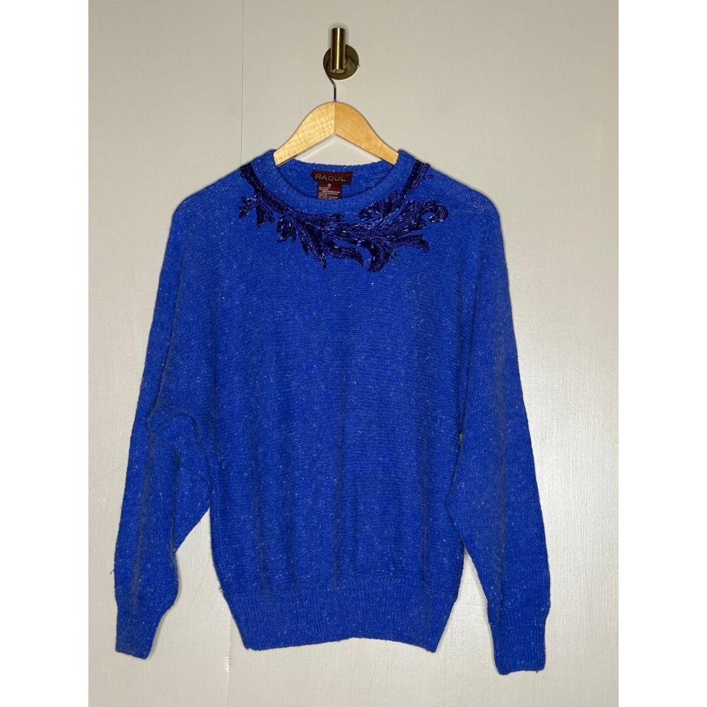 RAOUL Cobalt Blue Beaded Sweater Skirt Set Womens Small Vintage Two Piece